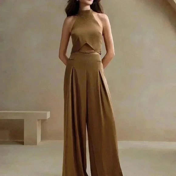 Khaki Sexy Women's Minimalist Style Chain Decor Sleeveless Top And Wide-Leg Pant - Picture 6 of 7